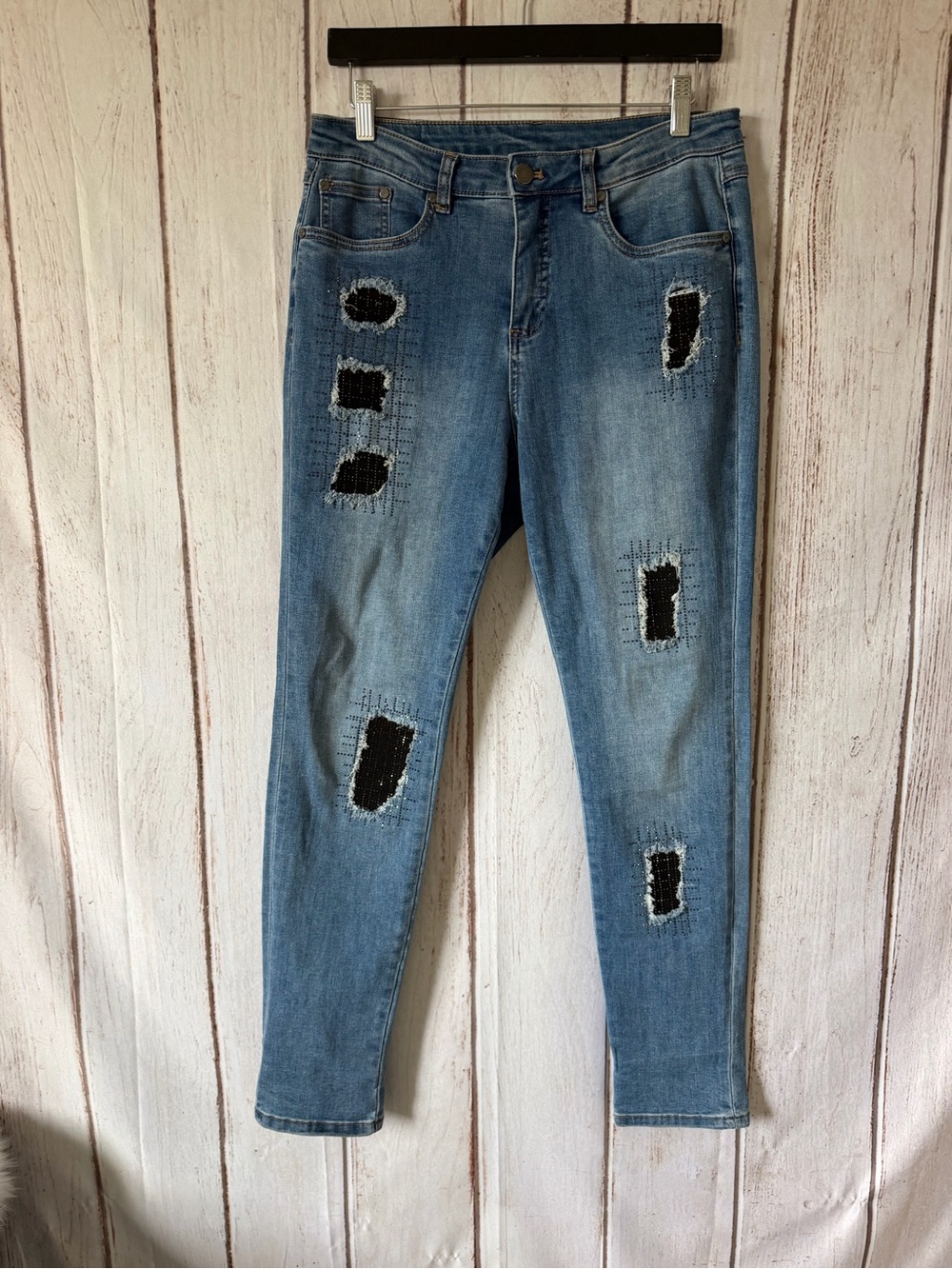 Joseph Ribkoff Size 10 Embellished Distressed Skinny Jeans Blue Rhinestone Studs